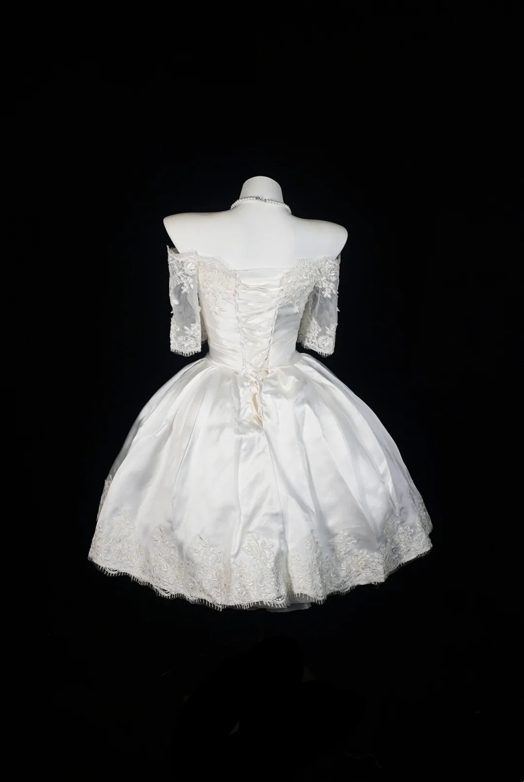 White Off Shoulder Lace Sleeve Satin Mini Dress Lace Up Homecoming Dress F0251
