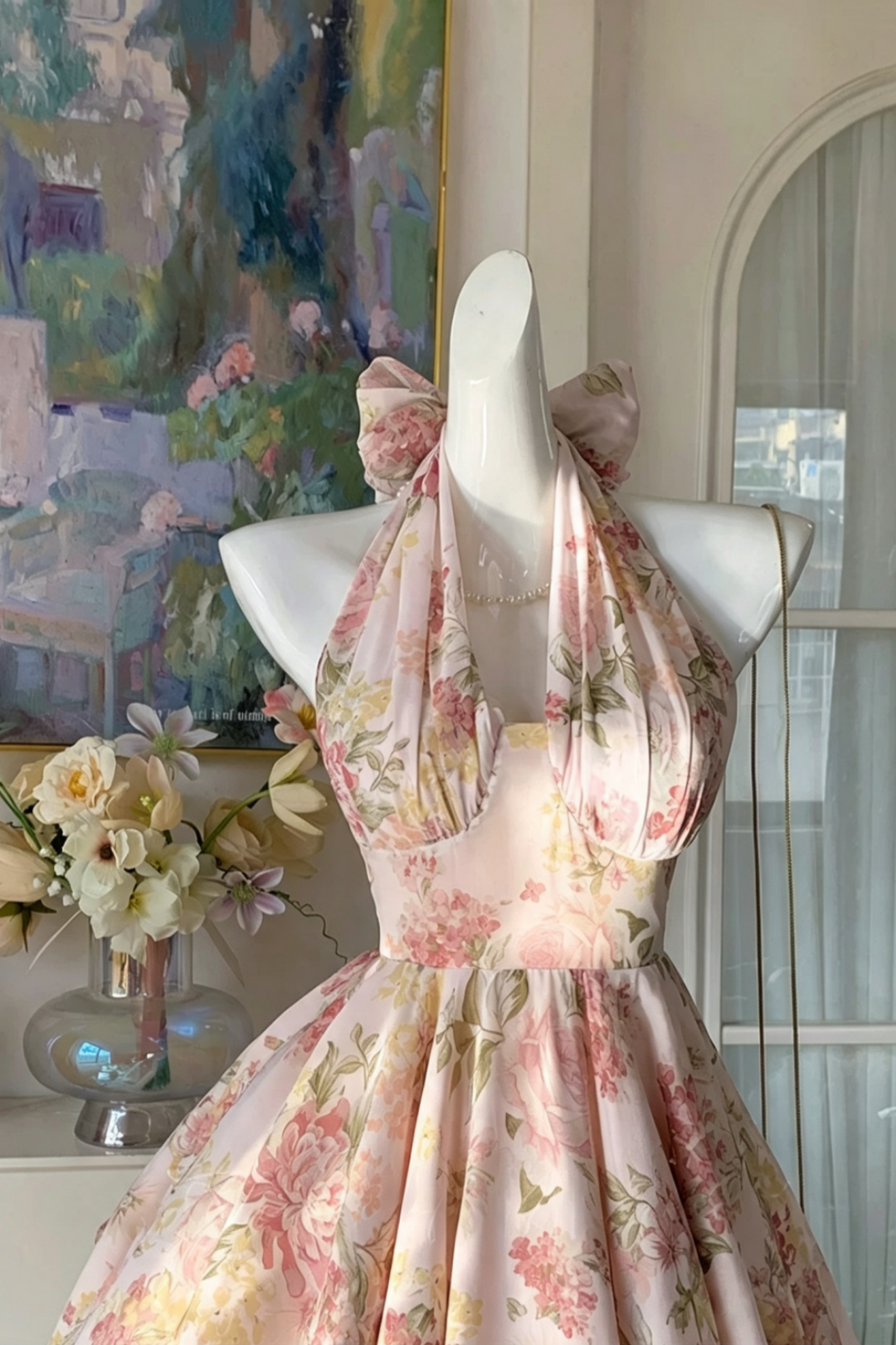 Pink Floral Halter Mini Dress, Vintage Garden Party F0038