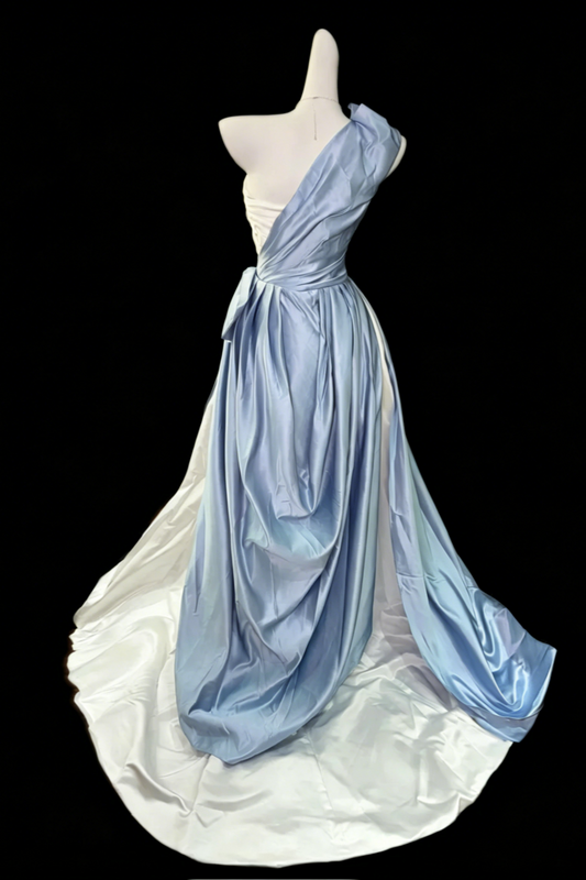 Blue and White Color Block One Shoulder Satin Train Gown Asymmetrical Design Luxury Evening Dress Floral033