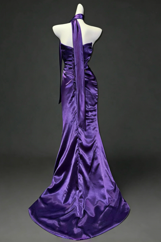 Vintage Deep Purple Satin Mermaid Dress with Ruched Waist, Lace-Up Back Formal Gown Floral029