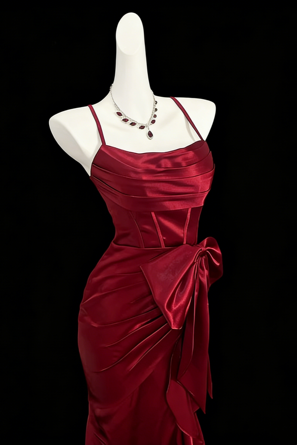 Burgundy Satin Spaghetti Strap Big Bow Mermaid Evening Gown Floral-03