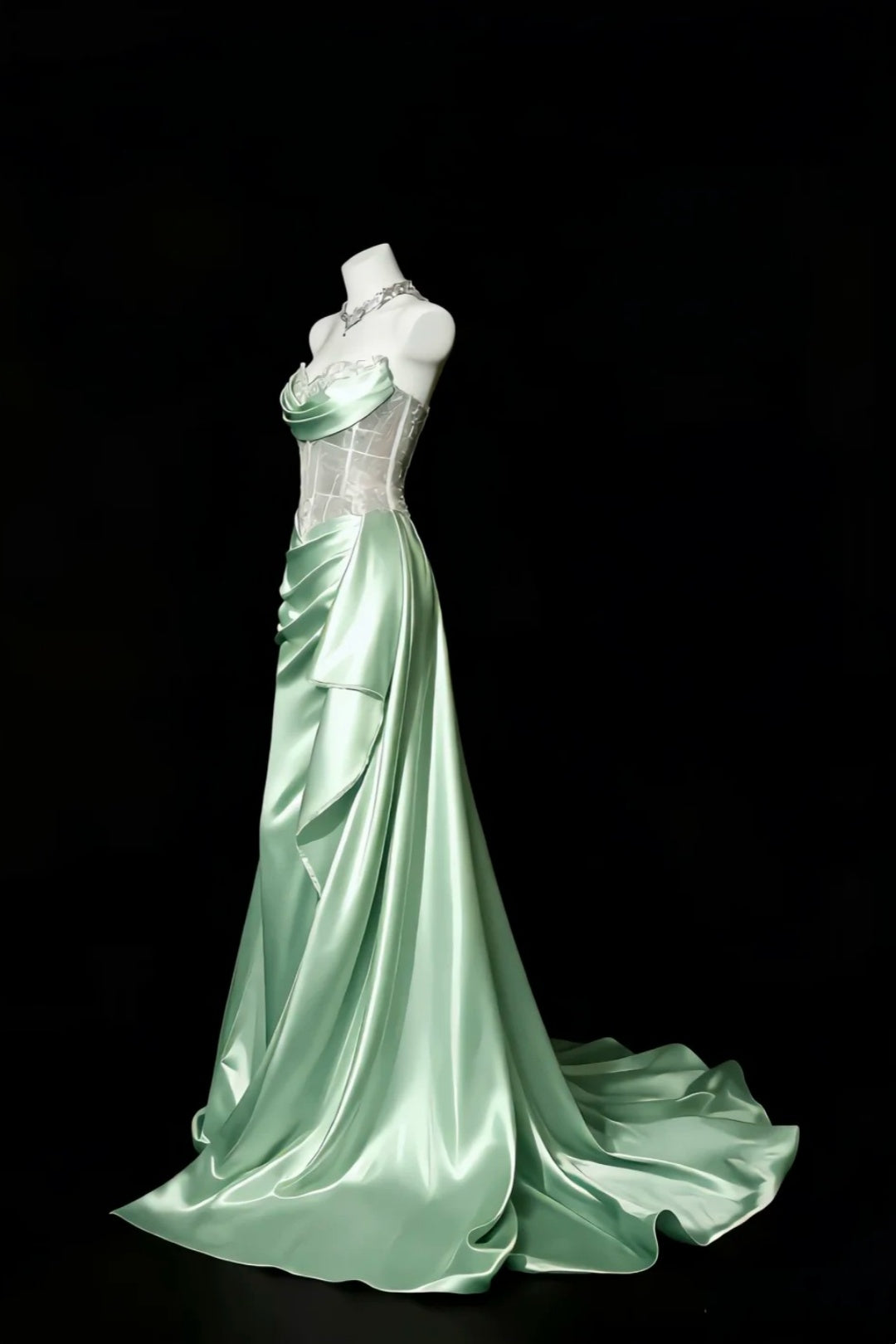 Strapless Satin Corset Mermaid Evening Dress Draped Long Train Gown F0101