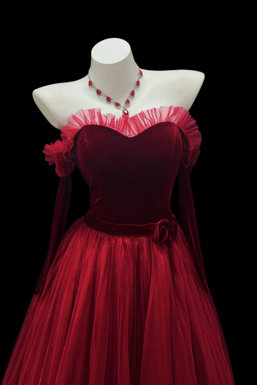 Evening Gown Burgundy Off Shoulder Custom Coquette Velvet Tulle Ball Gown Floral051