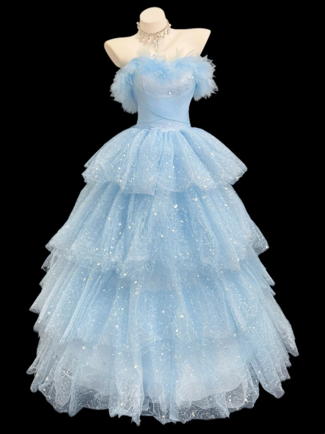 Strapless Tiered Tulle Prom Dress Feather Sparkle Formal Gown F0191