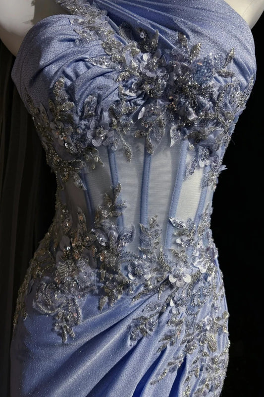 One‑Shoulder Corset Mermaid Gown With Appliqué Tulle Cape F0083