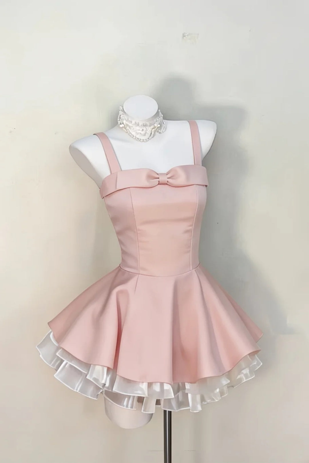 Pink Wide Strap Mini Dress Chest Bow White Ruffle Underdress F0238