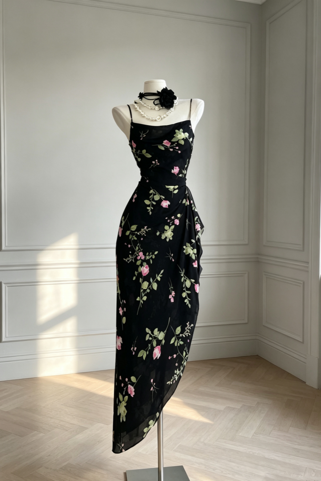 Flowy Romantic Garden Party Vacation Maxi Dress, French Vintage Floral Cowl Neck Wrap‑Slit Slip Dress F0046
