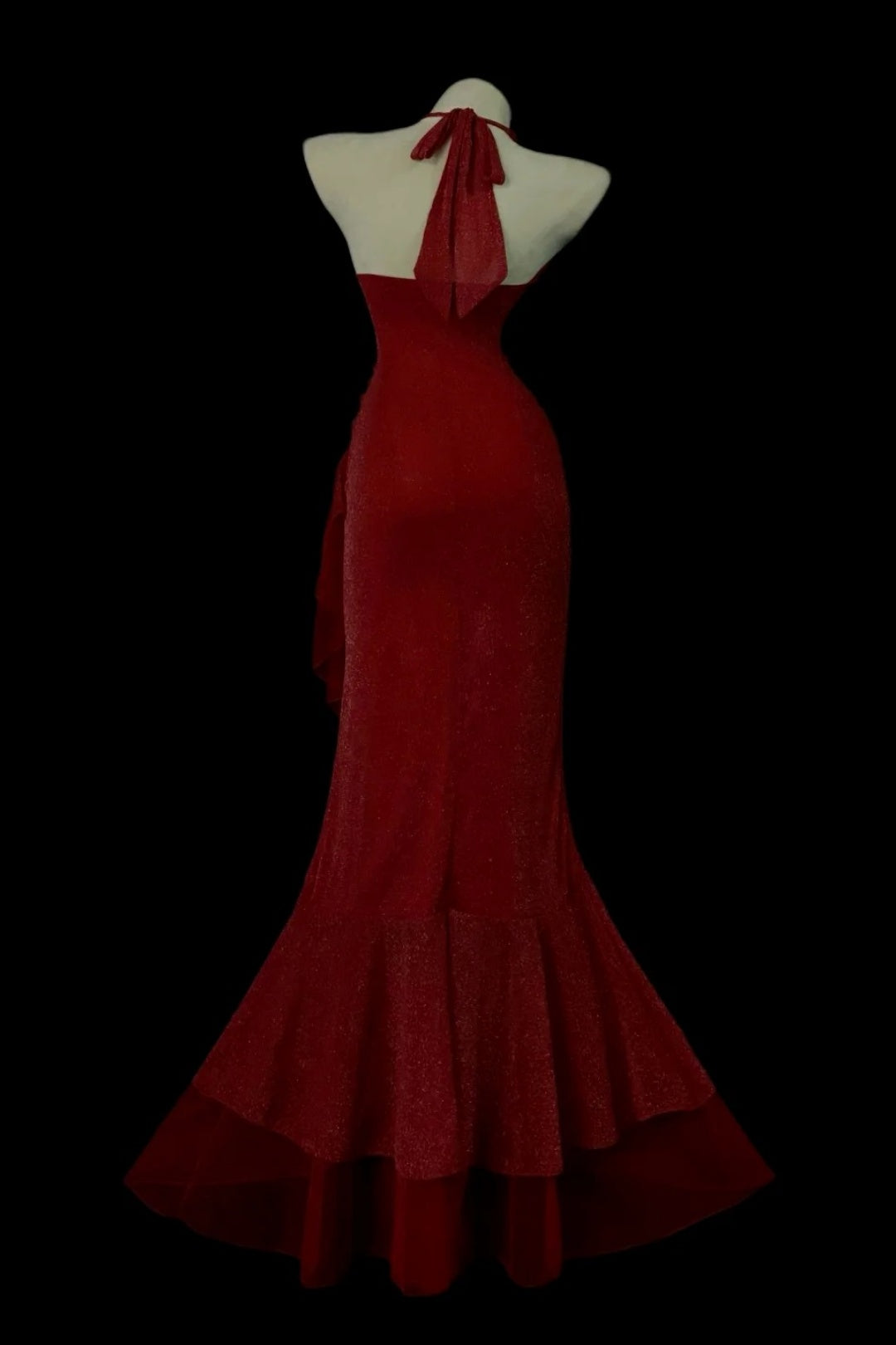 Halter V‑Neck Glitter Mermaid Gown With Ruffled Hem F0082