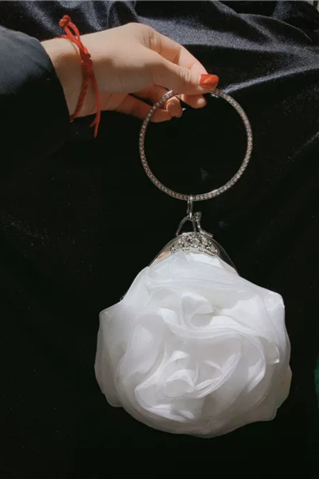 3D Organza Rose Evening Clutch, Rhinestone Ring Handle Floral Handbag B006