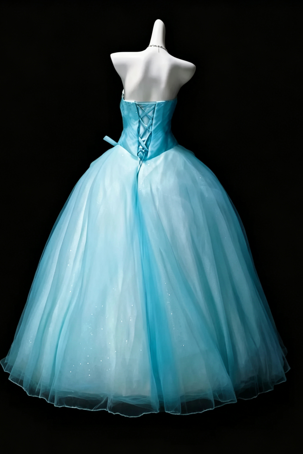 Blue Strapless Sweetheart Tulle Ball Gown Rhinestone Quinceanera Dress F0205