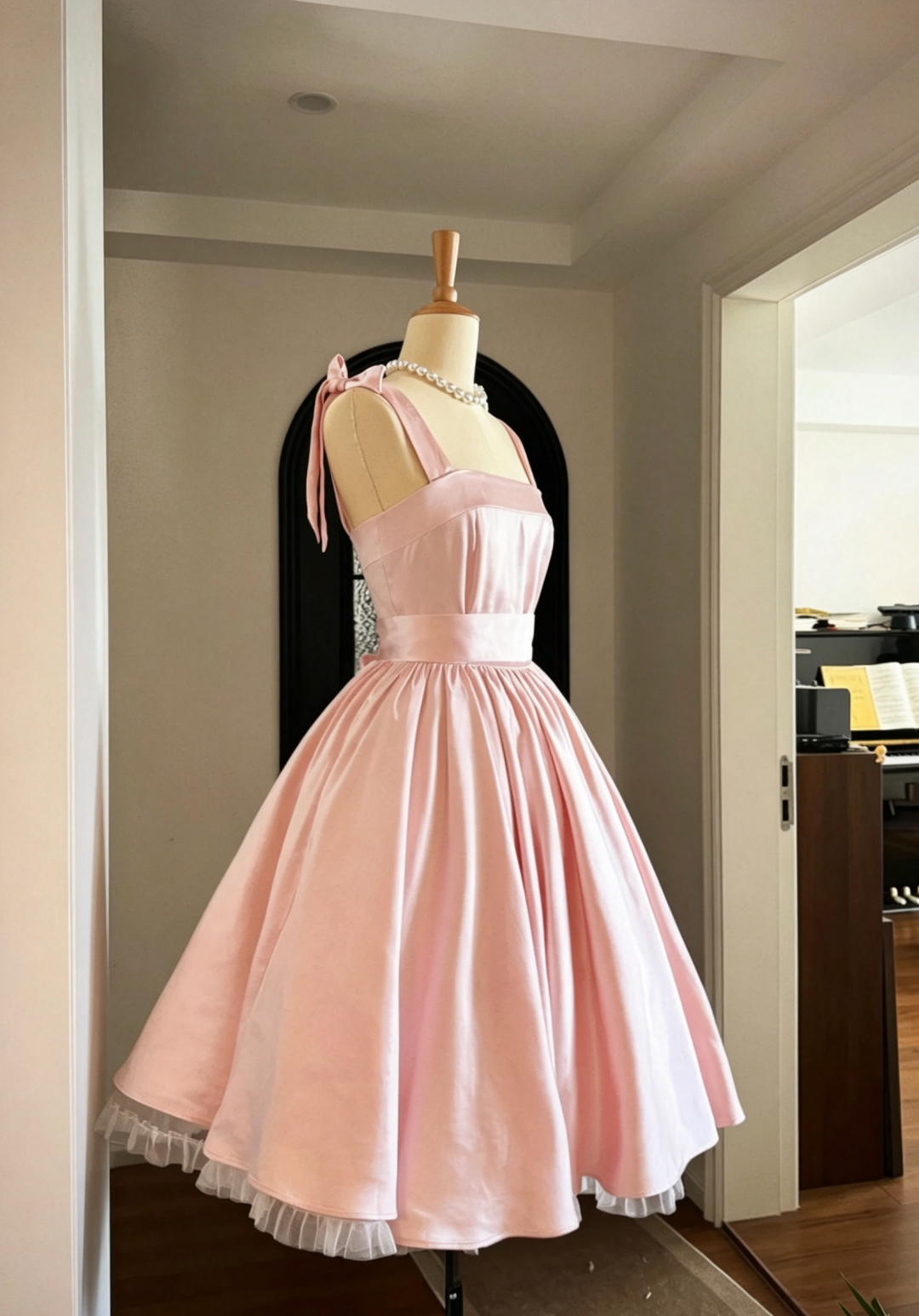 Olive Green Satin Retro Midi Dress, Bow Strap Vintage Homecoming Dress F0052