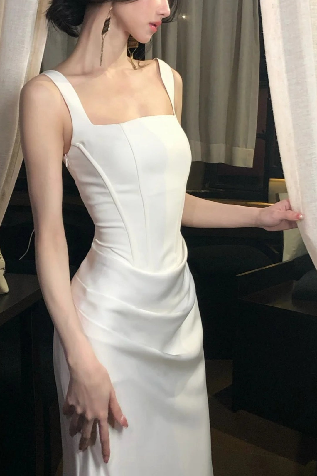 Square Neck Satin Mermaid Wedding Dress Lace‑Up Back Bridal Evening Gown F0109