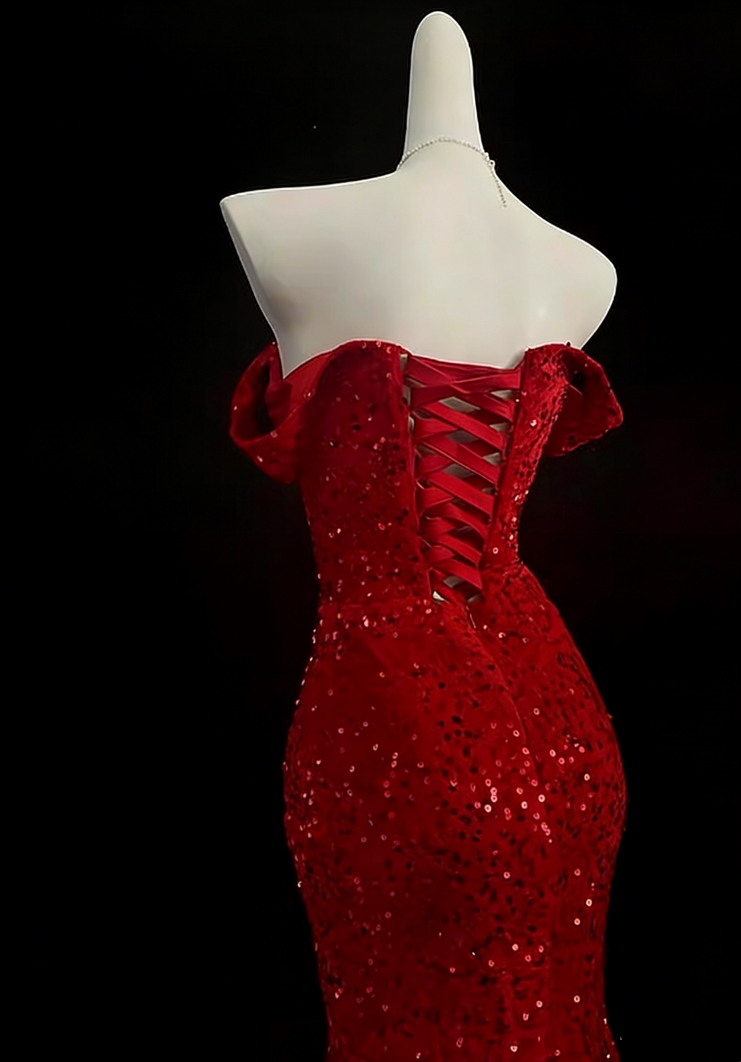 Formal Red Sequin Prom Dress, Off-the-shoulder Lace-up Mermaid Gown for Evening Party Floral-04