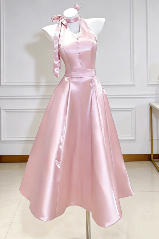 Satin Halter Midi Dress Bow Neck Detail V Neck Buttons Waist Defined A Line Skirt For Birthday Graduation Party Floral038