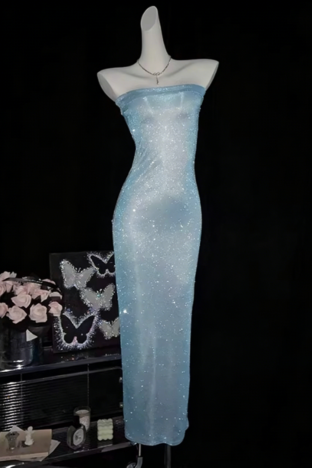 Sexy, Slim-Fit, and Elegant Strapless Dress Shimmering Blue Glitter Evening Gown Party Attire FD022