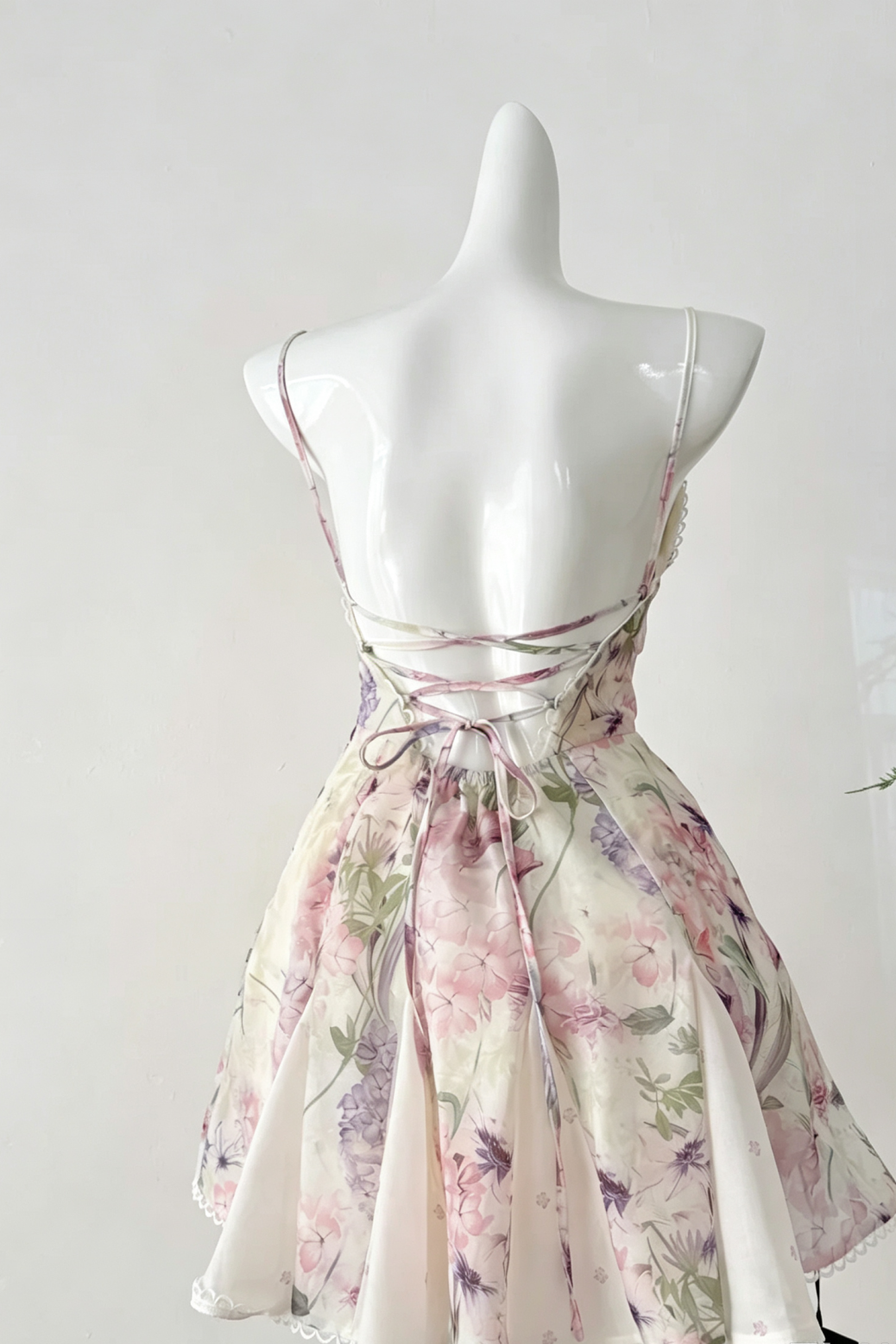 Floral Print Spaghetti Strap Mini Dress Lace Trim Back Lace-Up Cocktail Gown F0207