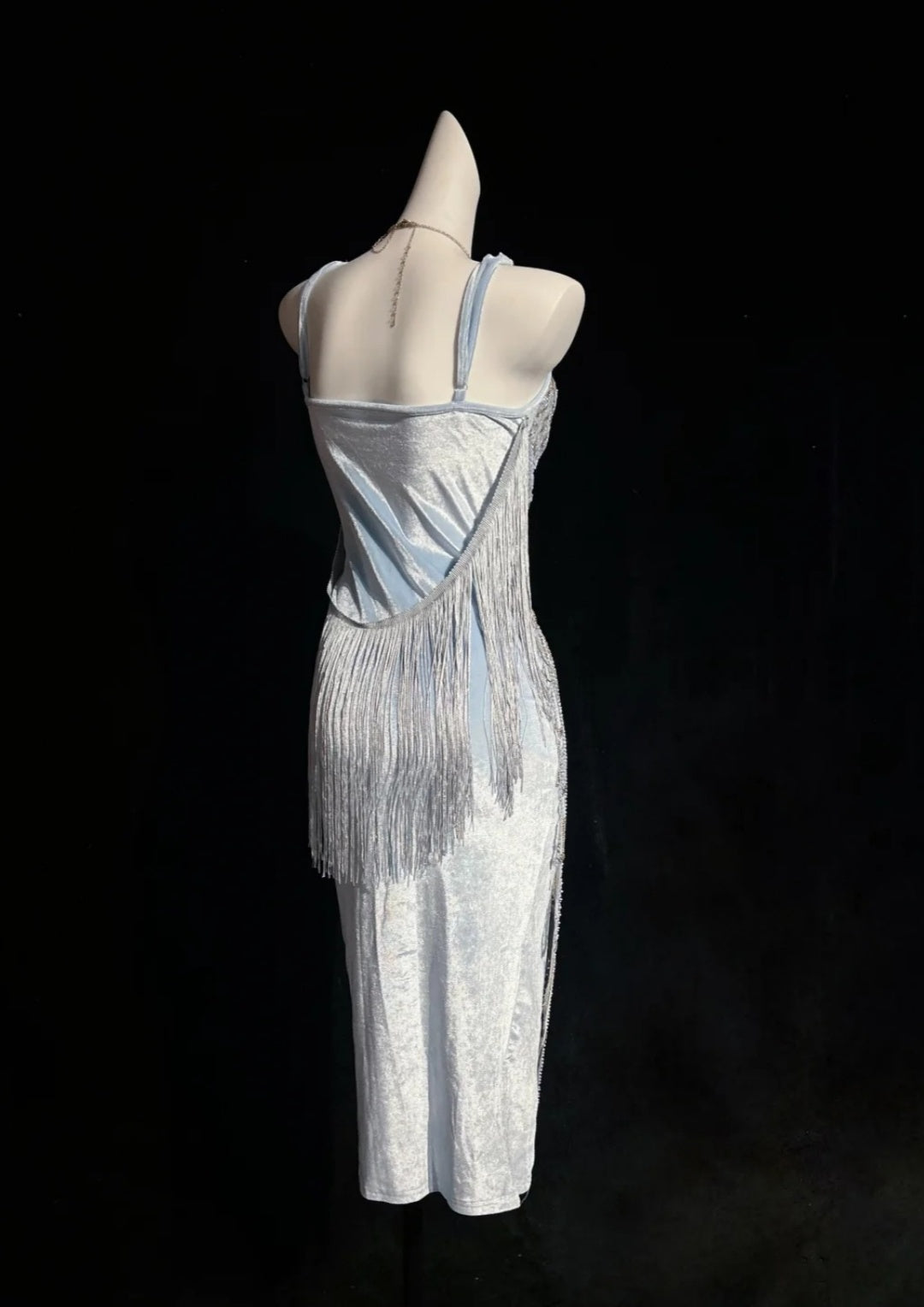 Beaded Fringe Midi Dress Spaghetti Strap Formal Gown F0202