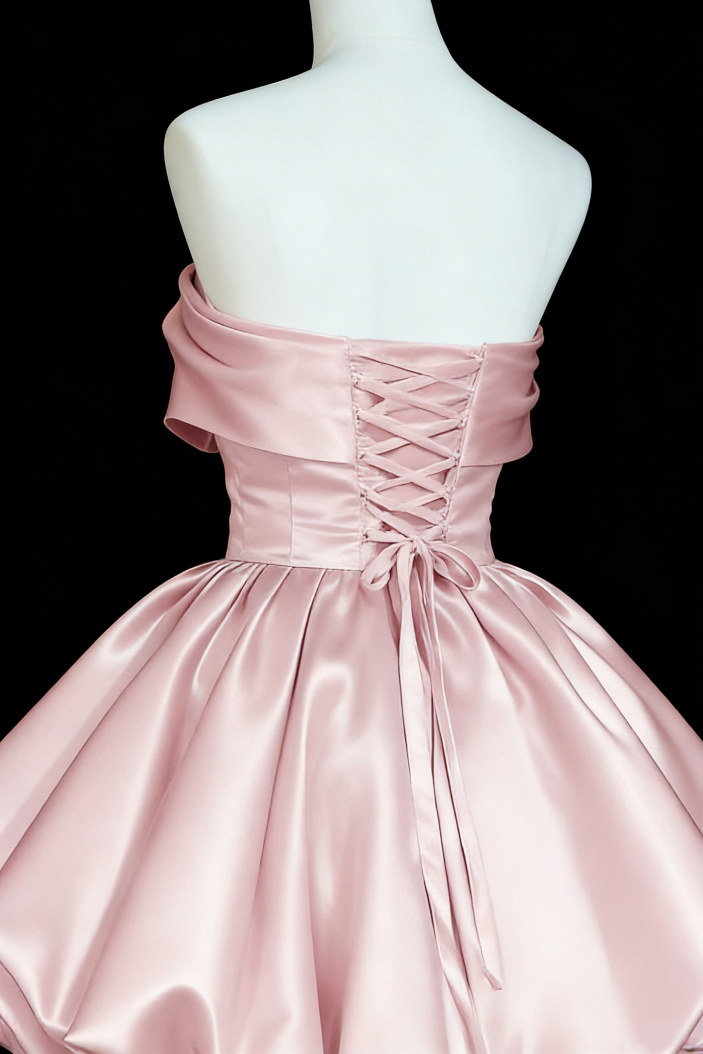 Pink Satin Strapless Bubble Hem Short Prom Dress, Lace Up Back Princess Mini Dress for Birthday Party Floral-014