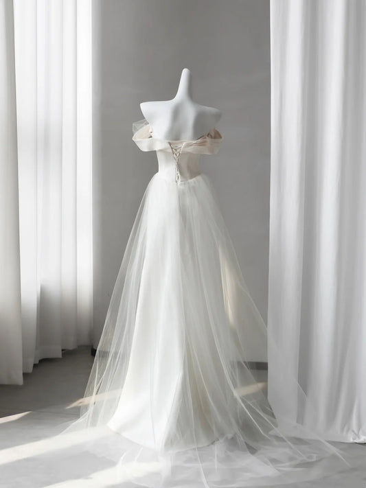 Ivory Off Shoulder Satin Wedding Dress Draped Mermaid Gown F0247