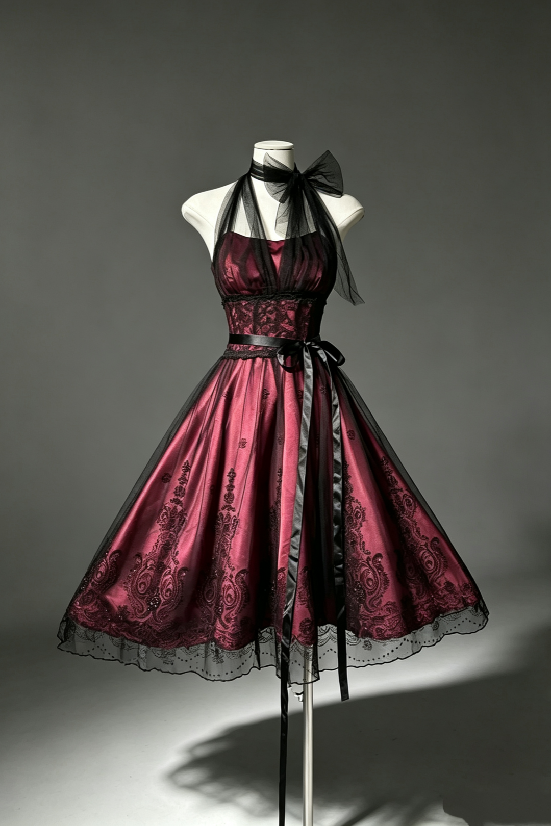 Dark Romantic Halter Midi Prom Dress, Jacquard Lace A‑Line Dress With Tulle Neck Bow F0045