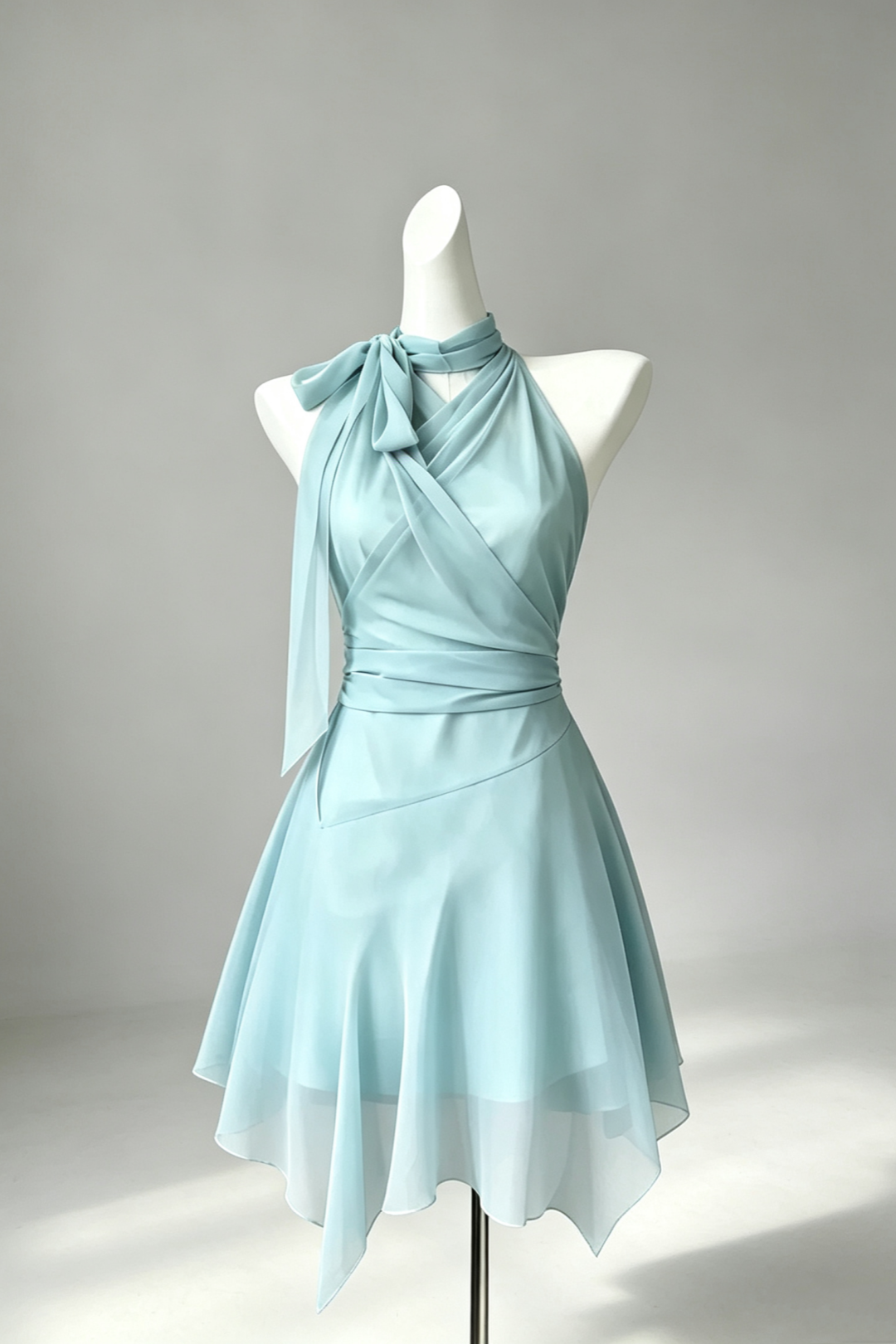 Halter Chiffon Vacation Dress, Wrap Waist Bow Beach Garden Party Dress F0050