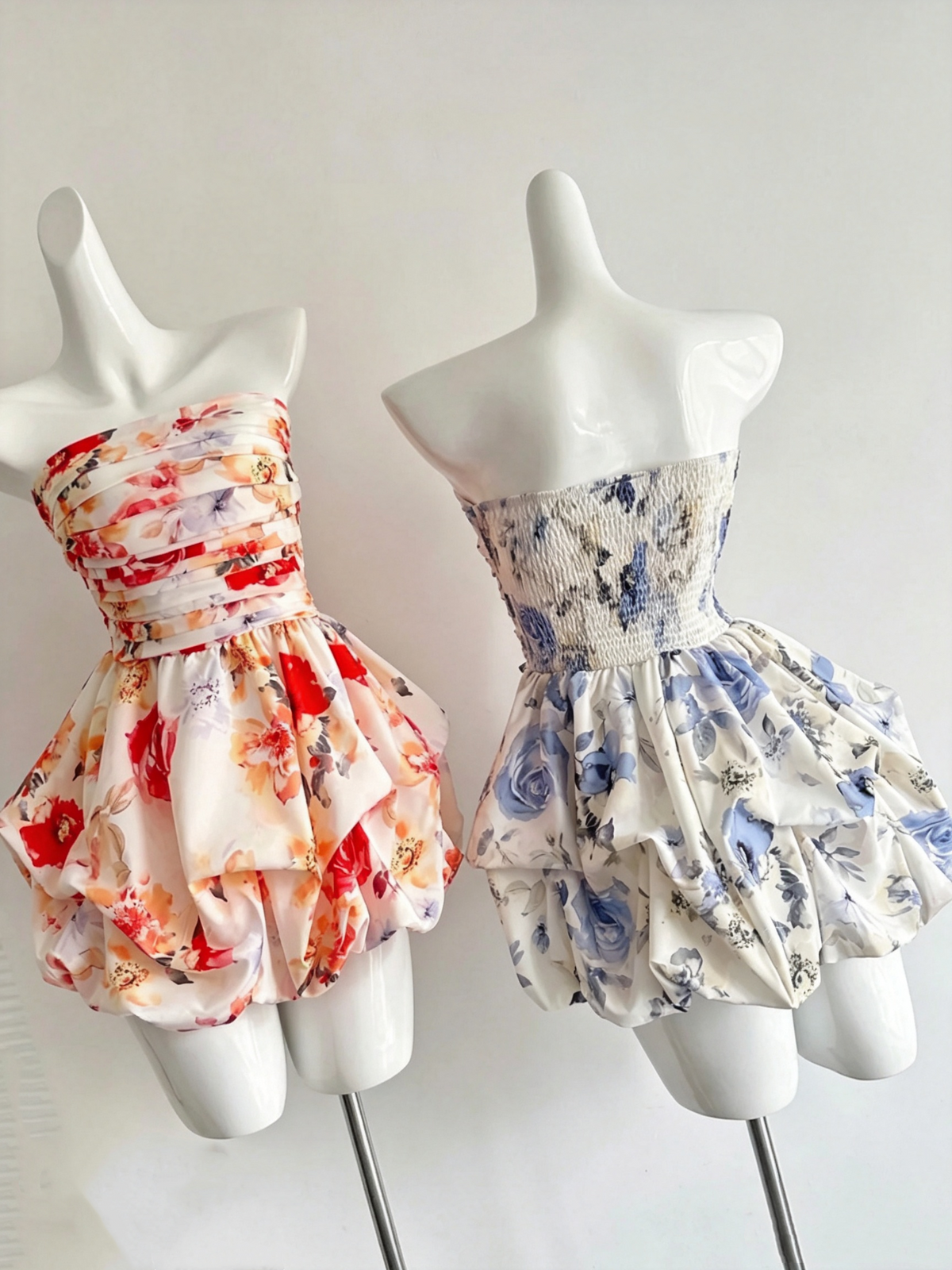 Floral Print Strapless Bubble Mini Dress Ruched Cocktail Gown F0214