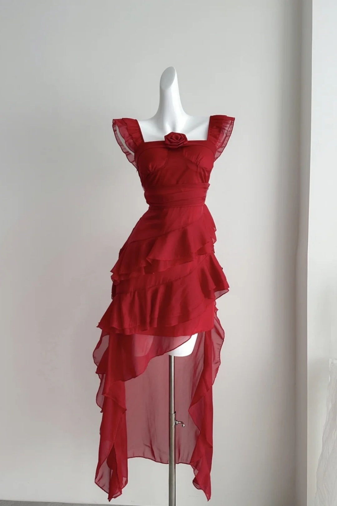 Red 3D Rose Resort Dress, Ruffle High‑Low Chiffon Vacation Party Dress F0056