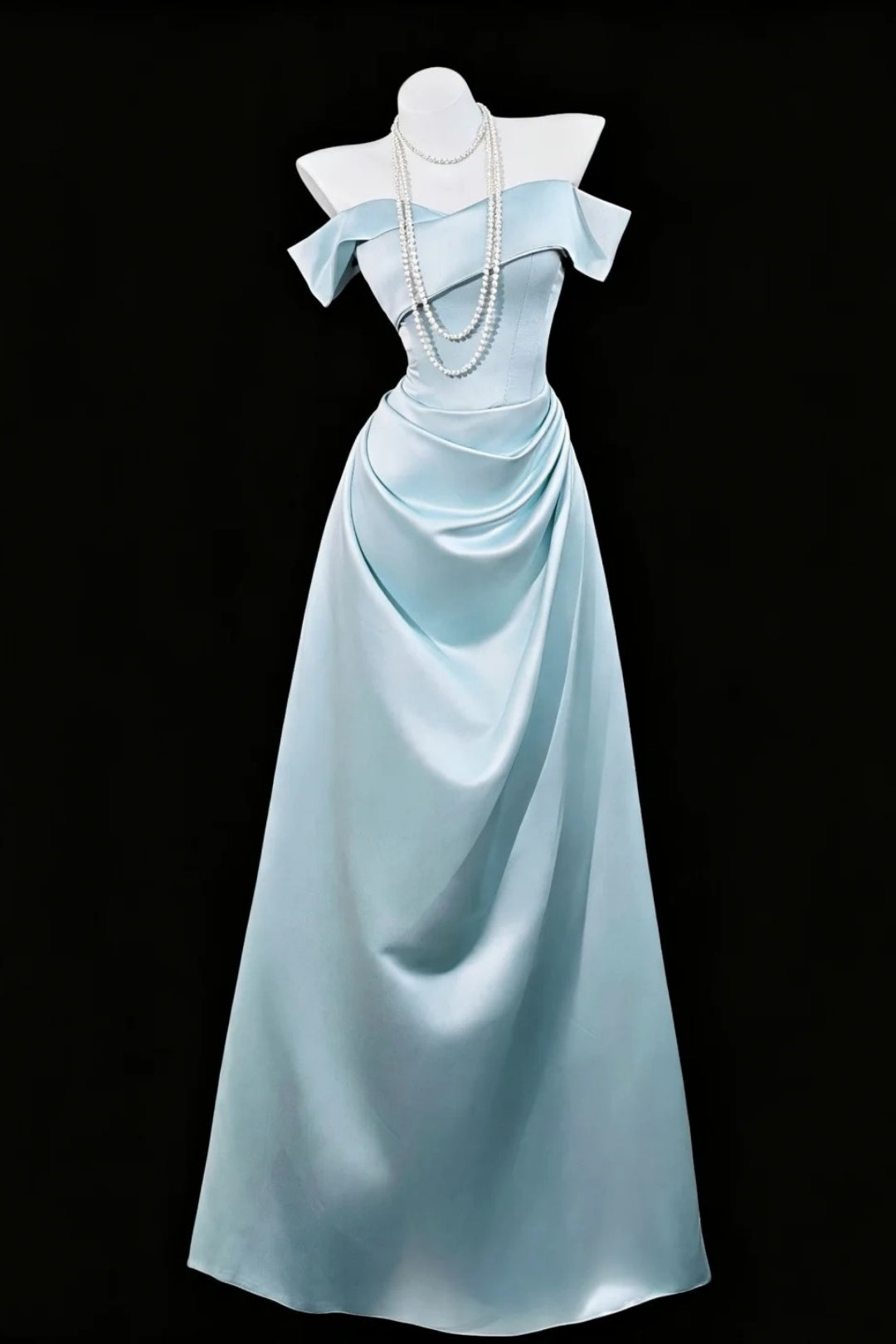Blue Off‑Shoulder Satin Gown Ruched Fall Formal Prom Dress F0098