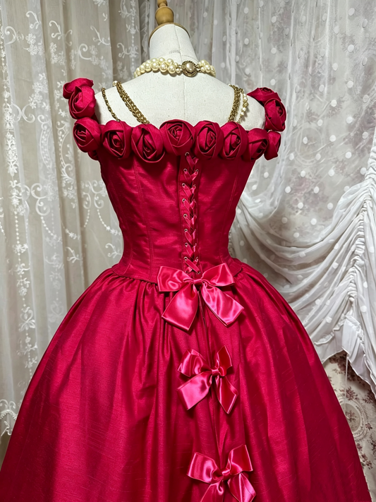 Vintage Red Off Shoulder Rose Corset Ballgown Formal Dress F0269