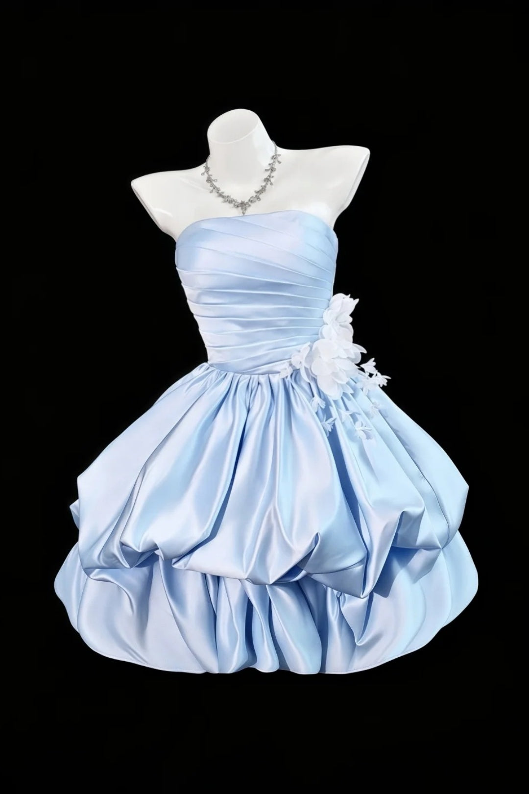 Light Blue Strapless 3D Floral Homecoming Dress Satin Short Party Gown F0097