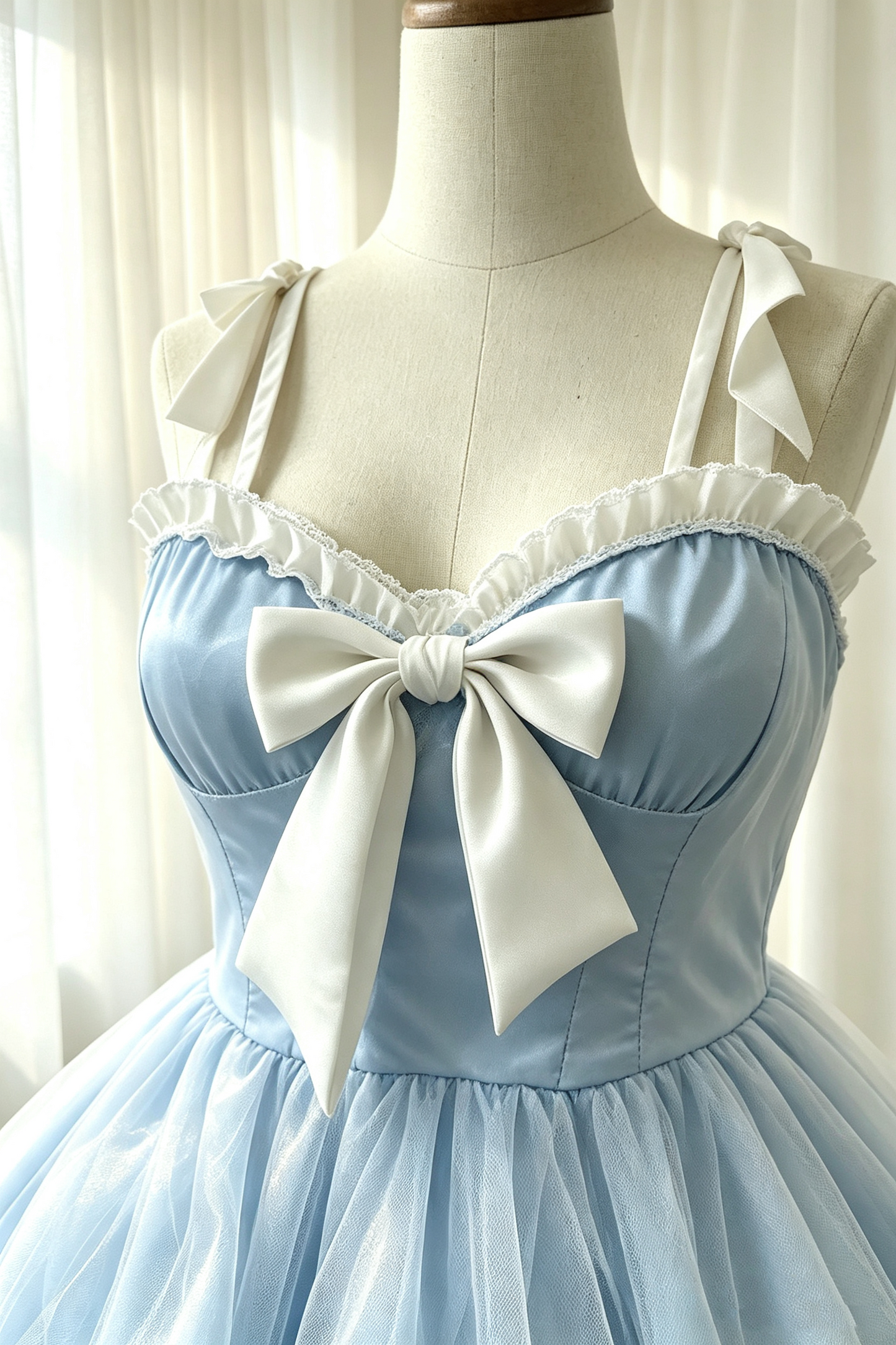 Tea Party Gown Light Blue Ruffled Neck Bow Detail Short Tulle Lolita Dress F0067