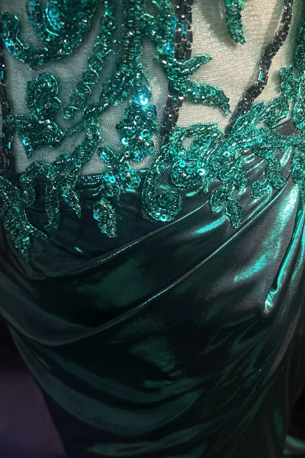 Off‑Shoulder Corset Mermaid Gown Beaded Metallic Emerald Formal Dress F0084
