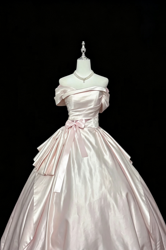 Light Pink Satin Off‑The‑Shoulder Ball Gown, Vintage Princess Prom Dress With Waist Bow F0048