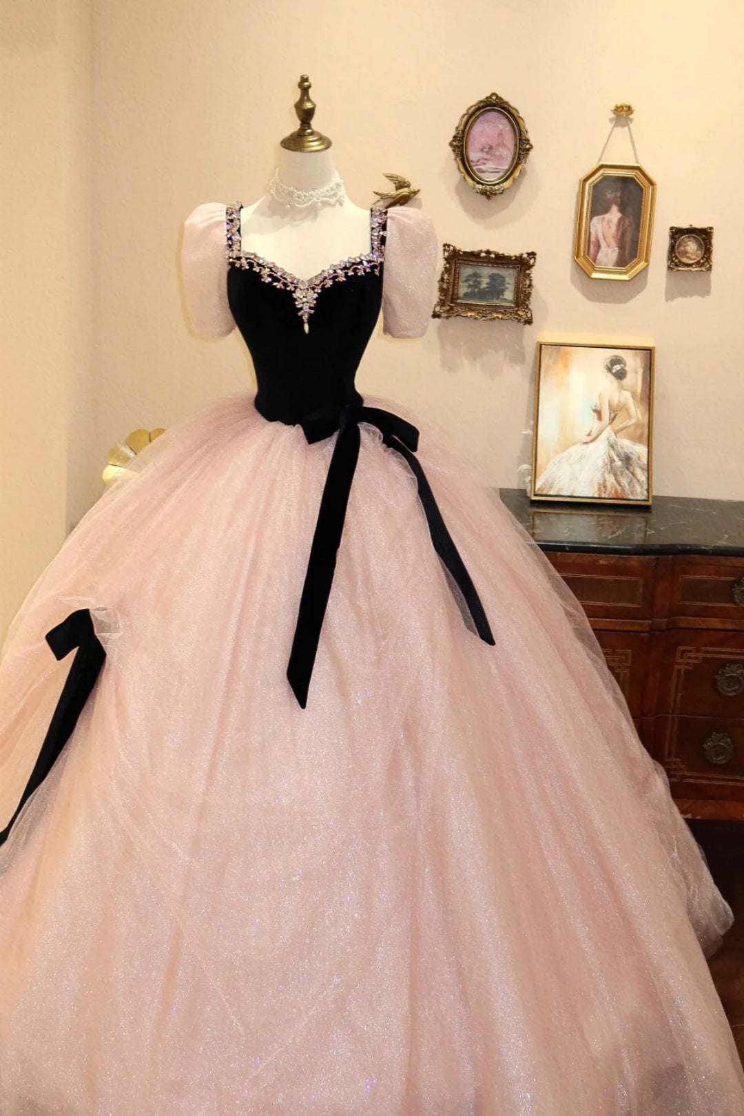 Black Pink Puff Sleeve Ball Gown Prom Dress F0337