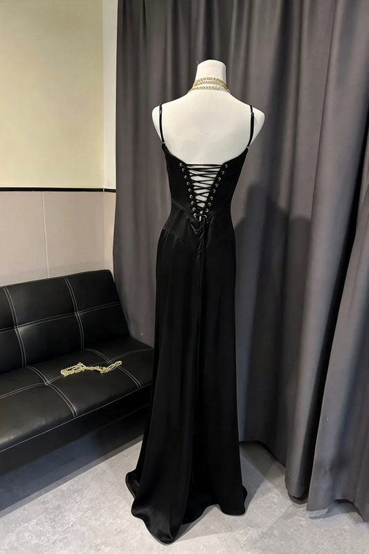Black Satin Spaghetti Strap Long Evening Dress Lace Up Back Formal Gown F0427