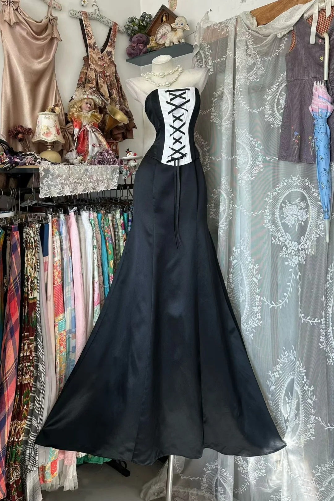 Black Strapless Lace Up Corset Mermaid Long Evening Dress F0517