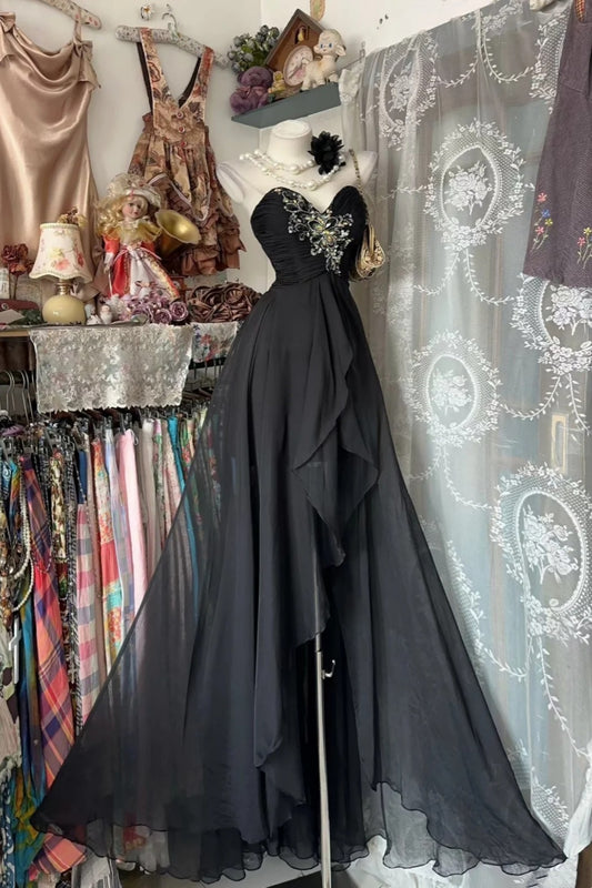 Black Sweetheart Strapless Beaded Chiffon A Line Long Evening Dress F0520