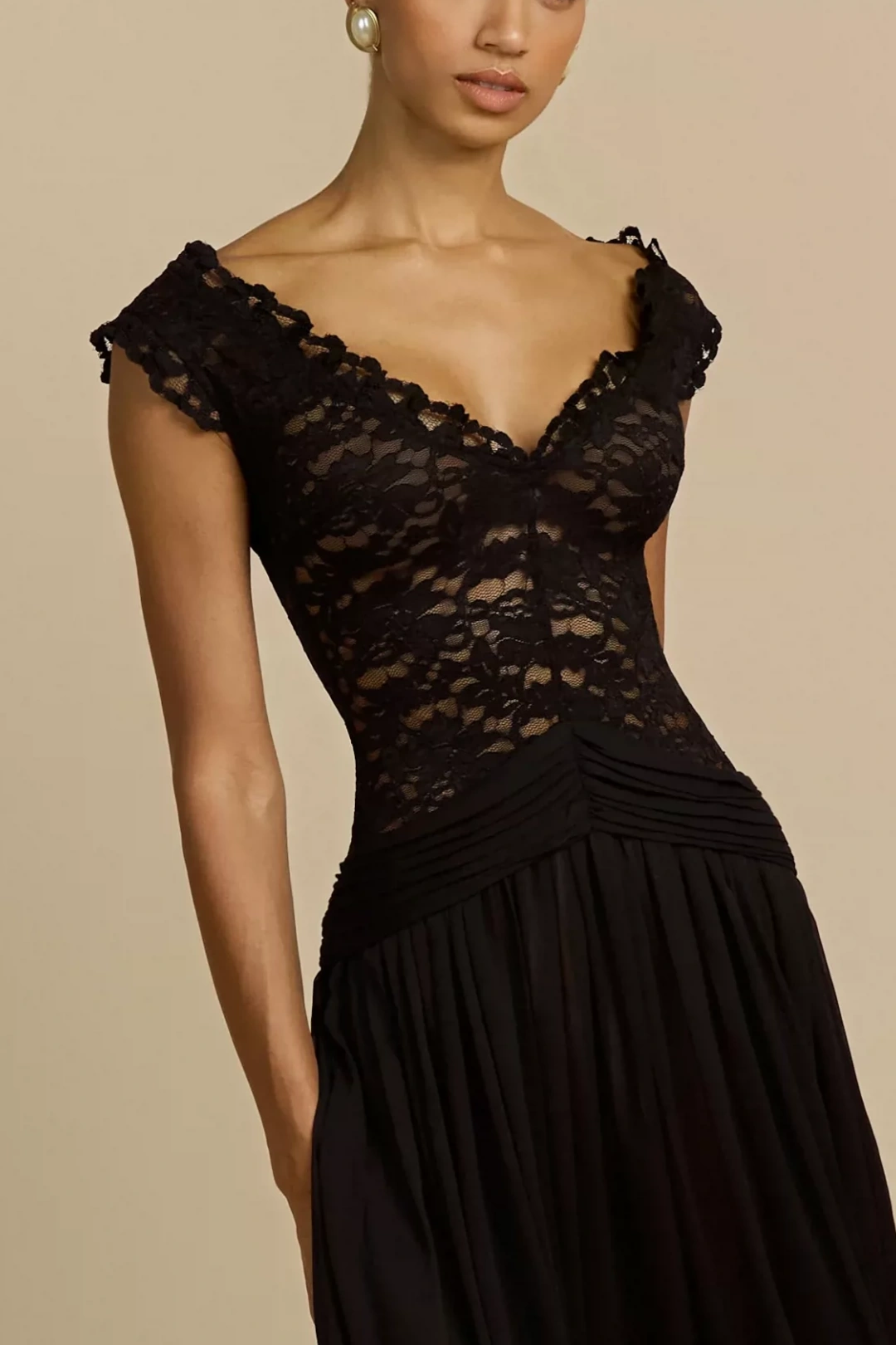 Black V Neck Lace Chiffon Evening Dress Ruched Waist Sheer Flowy Gown L043