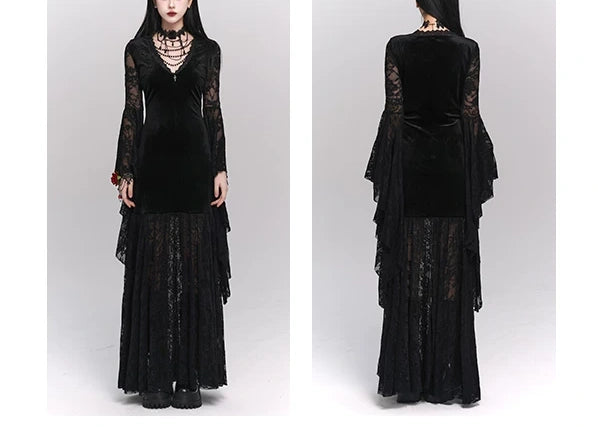 Black Velvet Lace Flare Sleeve Gothic Maxi Party Dress F0502