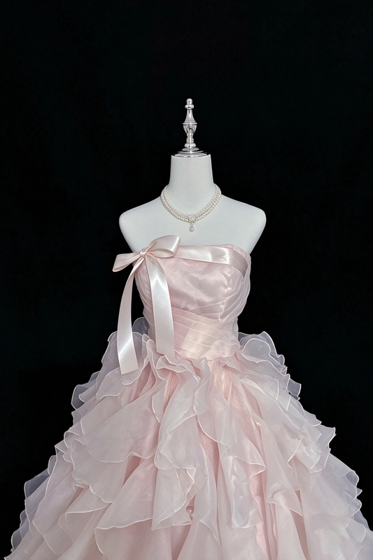 Blush Pink Strapless Organza Ball Gown With Satin Bow F0387