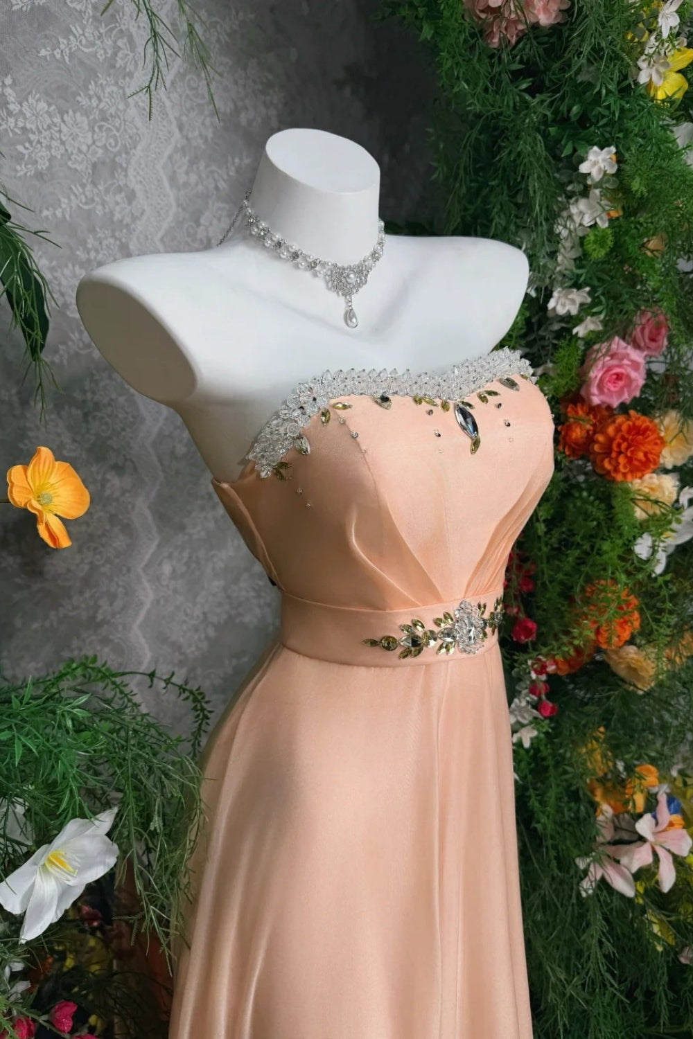 Peach Chiffon Strapless Floor-length Gown Rhinestone Decor Elegant Evening·Wedding Banquet Dress Bridesmaid Dresses FL-7