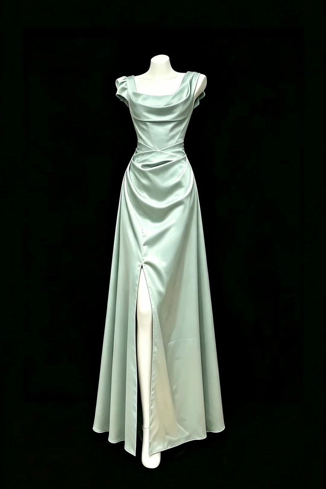 Sage Green Satin Evening Gown, Cowl Neck Cross Waist Slit Bridesmaid Gown F003