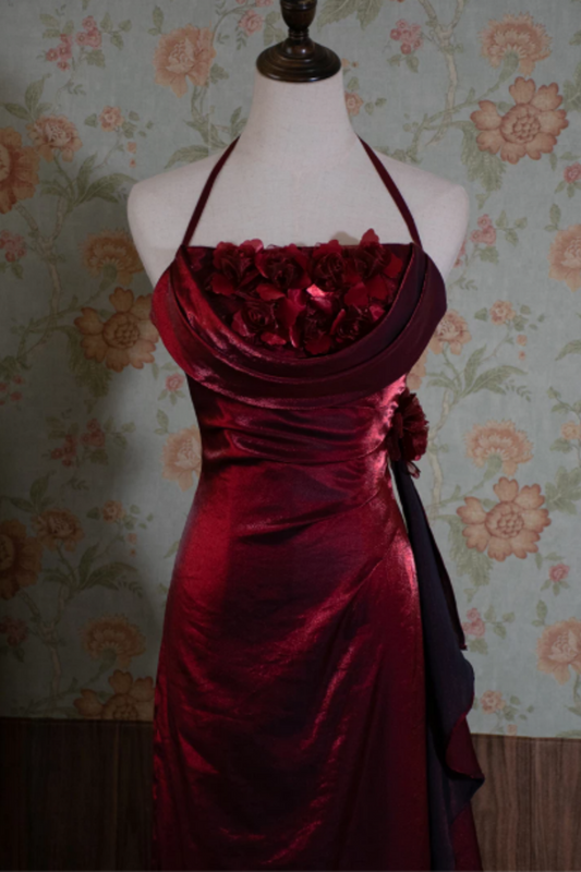 Burgundy Halter Mermaid Formal Dress with 3D Florals L030
