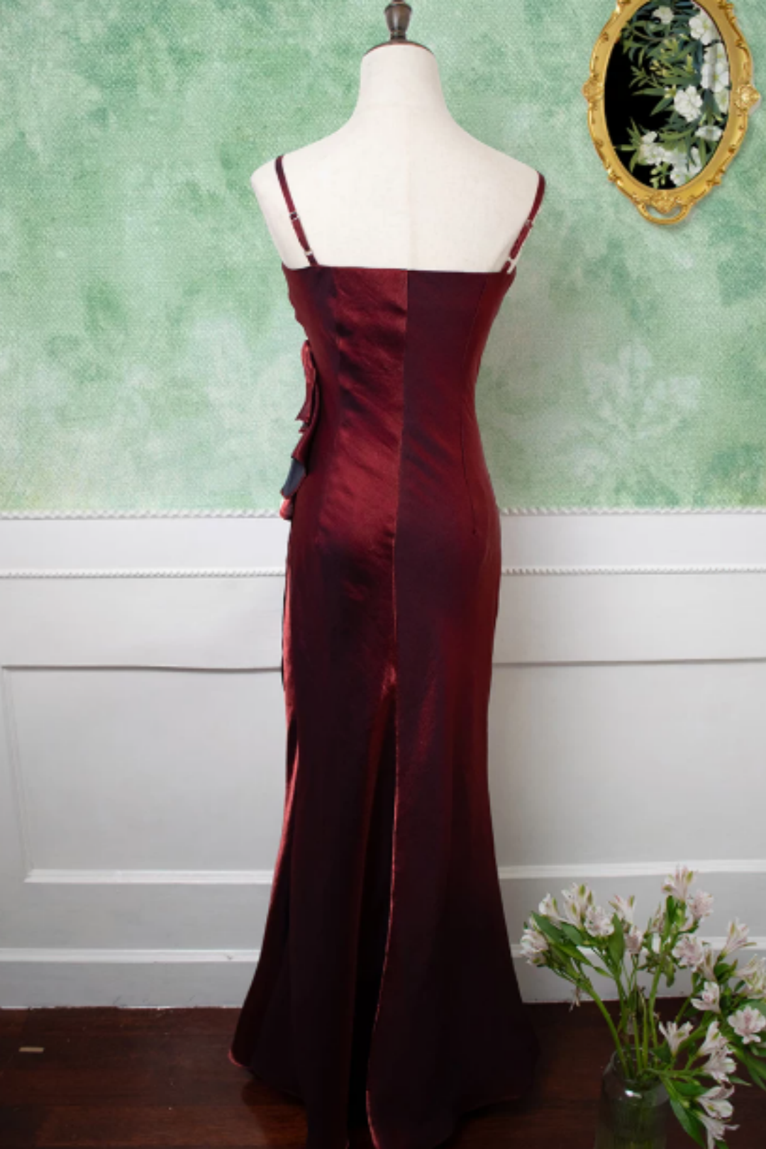 Burgundy Satin Spaghetti Strap Mermaid Formal Dress with 3D Flower L018