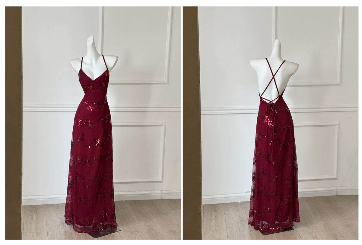 Burgundy Spaghetti Strap Sequin Floral Long Prom Dress F0462