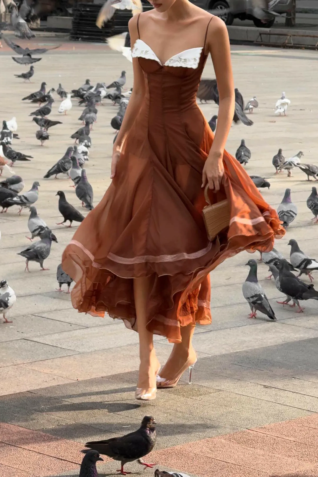 Caramel Brown Spaghetti Strap Chiffon Evening Dress White Embroidery Trim L040