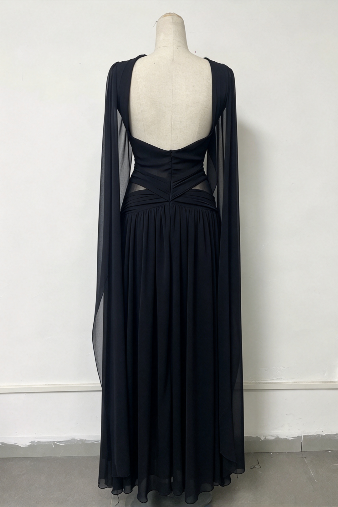 Chiffon Cross Halter Deep V Cape Sleeve Evening Gown L049