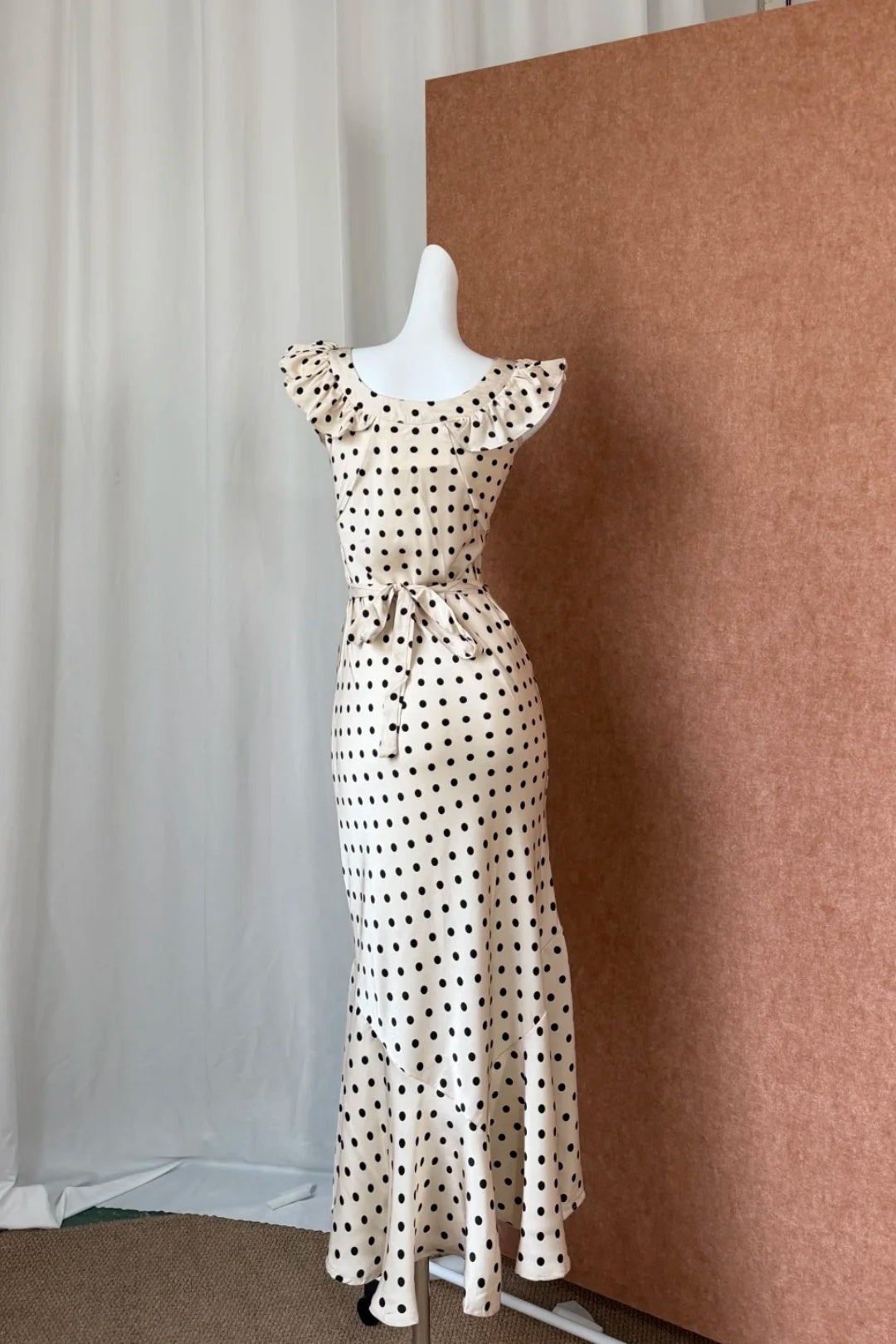 Cream Polka Dot Dress, Ruffle Neck Formal Party Gown F0413
