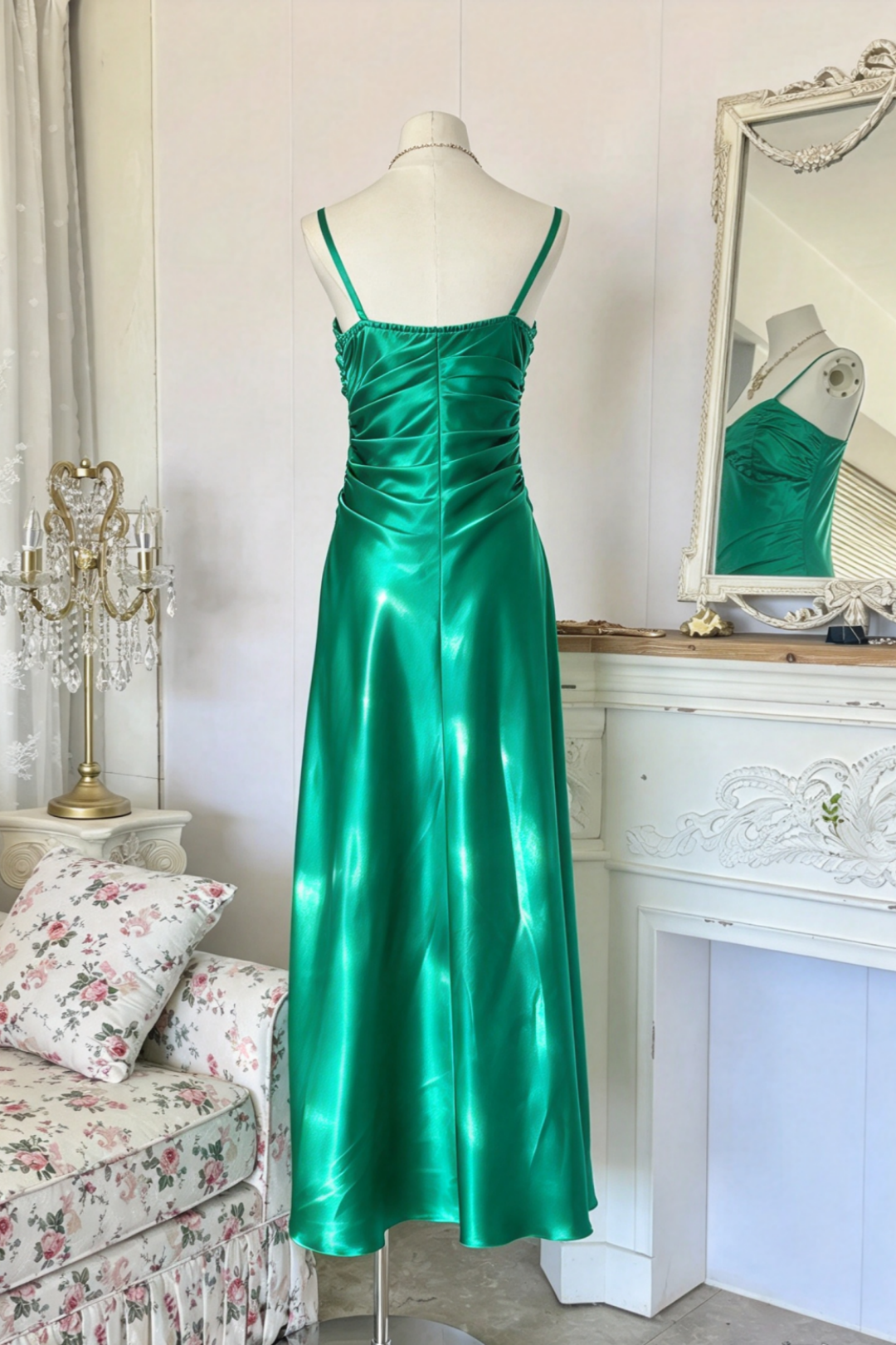 Emerald Green Satin Spaghetti Strap High Low Evening Dress F0390