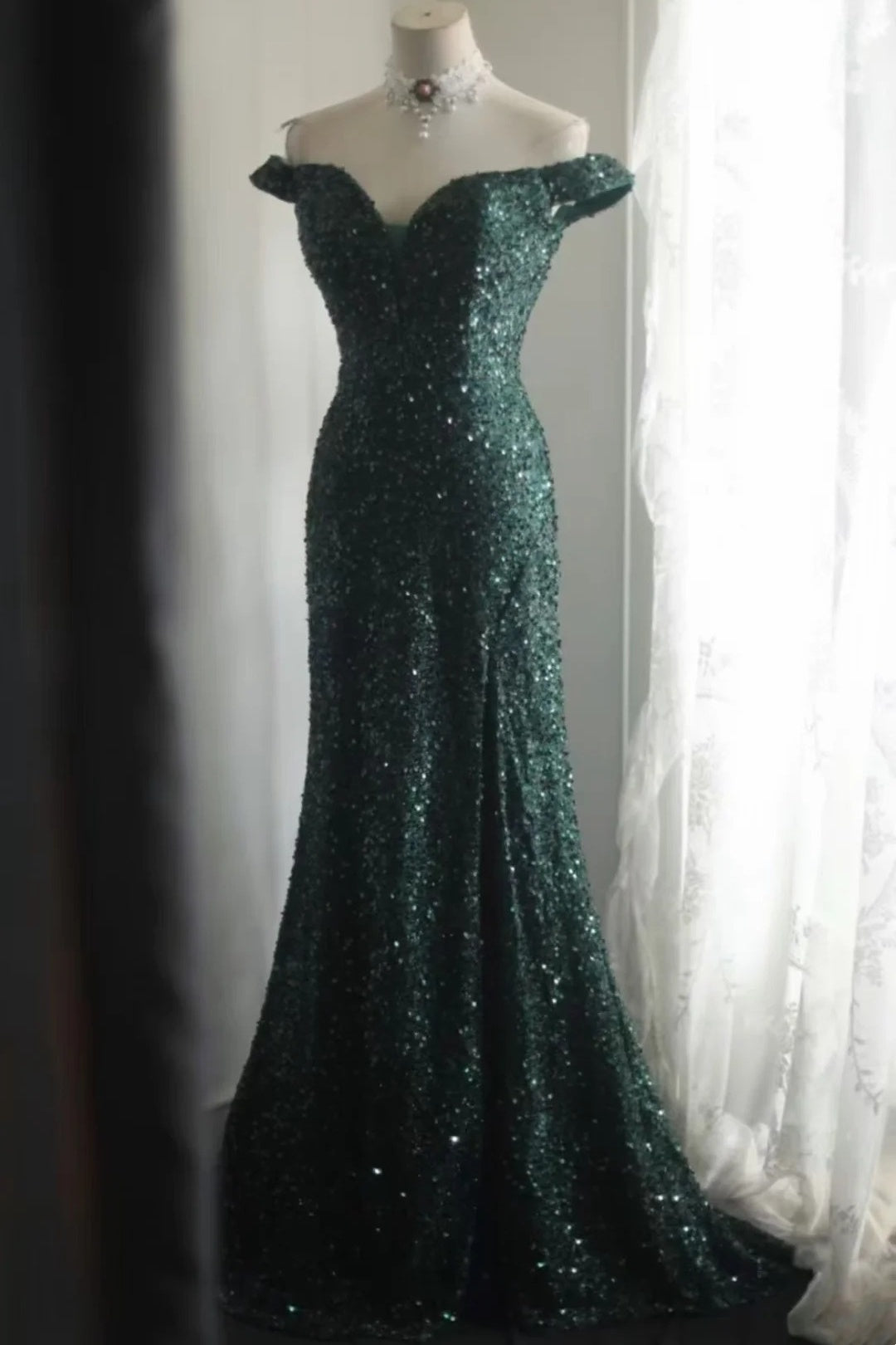 Emerald Green Sequin Mermaid Dress Off Shoulder Slit Prom Gown F0368